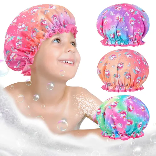 Vista 10 de Olypegic Gorro de ducha para niños, 3 piezas, para niñas, reutilizable, impermeable, ajustable, grande, con unicornio, sirena, arco iris, lindo