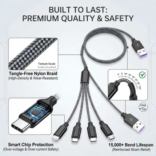 Vista 4 de Doub Tyep-C - Cable de carga múltiple 4 en 1 de 4 pies, cable de carga de nailon trenzado Lightning para iPhone, cable de carga universal con tipo