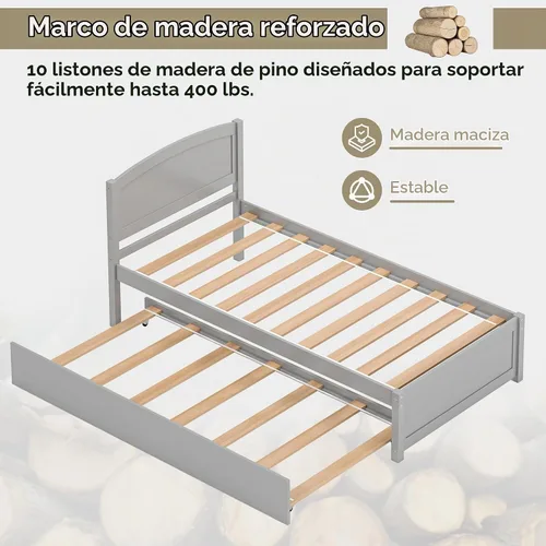 Vista 5 de Cama nido individual, marco de cama extraíble de madera maciza, cama de día extensible con cabecera y soporte de listones de madera sólida Gris