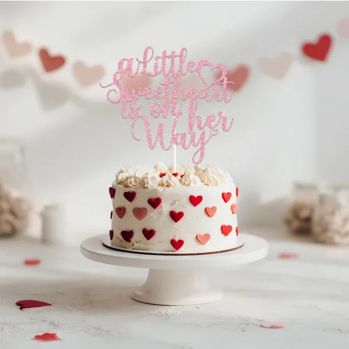 Vista 3 de Decoración para tartas "A Little Sweetheart is on Her Way" con purpurina rosa, nuestra pequeña novia, Oh Baby/Sweet Baby Girl, Día de San Valentín