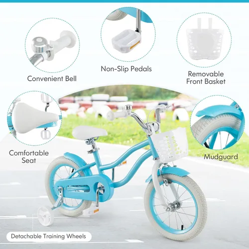 Vista 7 de COSTWAY Bicicleta para niños de 12, 14, 16, 18 pulgadas, bicicleta para niños con ruedas de entrenamiento, frenos de mano y posavasos, sillín