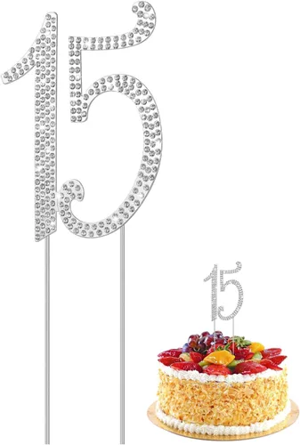 Vista 7 de ABOOFAN - Decoración para tarta de cumpleaños número 15, con diamantes de imitación plateados número 15, suministros de fiesta de aniversario