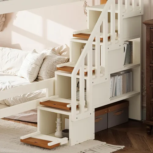 Vista 6 de Queen Loft Bed with Shelves and Clothes Hook, Space-Saving Wood Loft Bed Frame with Staircase and Ample Under-Bed Space, Beige & Natural