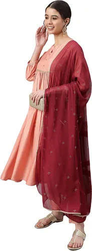Vista 4 de Janasya Indian Peach Poly Silk Kurta sólido con pantalón y Dupatta para mujer
