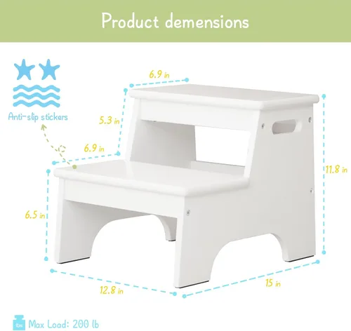 Vista 6 de Forbena Taburete de madera para fregadero de baño, taburete de inodoro blanco para niños para entrenamiento de orinal, taburete de 2 escalones