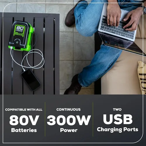Vista 3 de Greenworks Inversor de corriente Pro de 80 V (300 vatios), 120 V CA, para cargar dispositivos electrónicos pequeños, teléfonos inteligentes