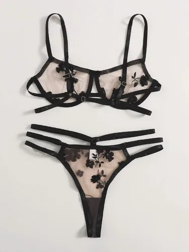 Vista 2 de SheIn Conjunto de lencería de dos piezas con aros de encaje floral para mujer