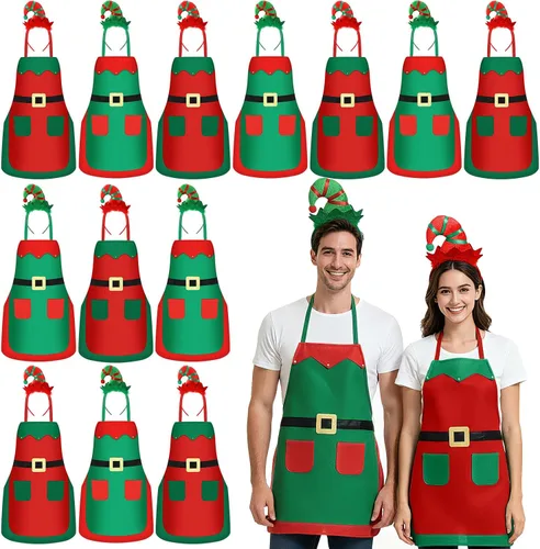 Vista 9 de Toulite Juego de 24 delantales de elfo de Navidad con diademas, disfraces de fiesta de Navidad, delantales a granel para adultos y niños para hornear