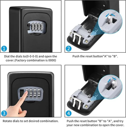Vista 5 de Caja de bloqueo de llaves montada en pared, caja de bloqueo con combinación de 4 dígitos a prueba de intemperie para exteriores, caja de bloqueo