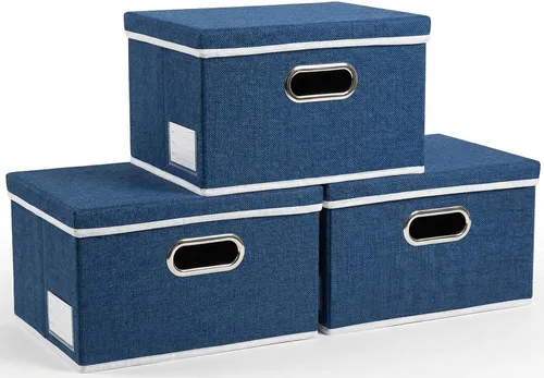 Vista 63 de PRANDOM Contenedores de almacenamiento con tapas [paquete de 3] cajas de almacenamiento plegables de tela de lino, canastas organizadoras, cubos