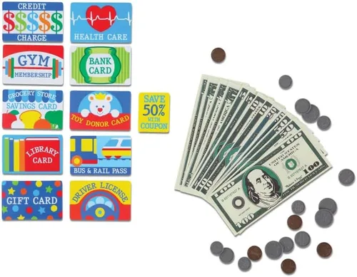 Vista 2 de Melissa & Doug Billetera de juguete con dinero y tarjetas (45 piezas)