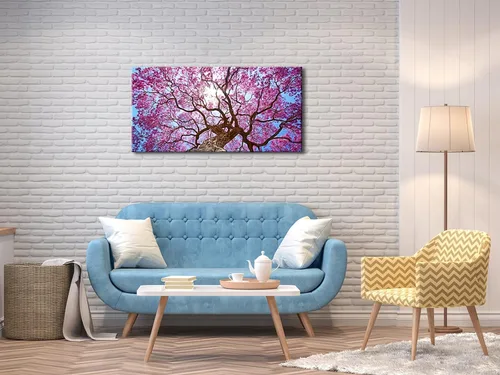 Vista 3 de Pyradecor Lienzo decorativo grande de árbol de cerezo rosa para pared, diseño de paisaje de ramas florales moradas, paisaje de naturaleza moderna