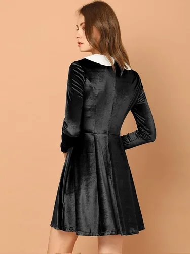 Vista 5 de Allegra K Vestido de manga larga de terciopelo vintage de Halloween para mujer con cuello Peter Pan