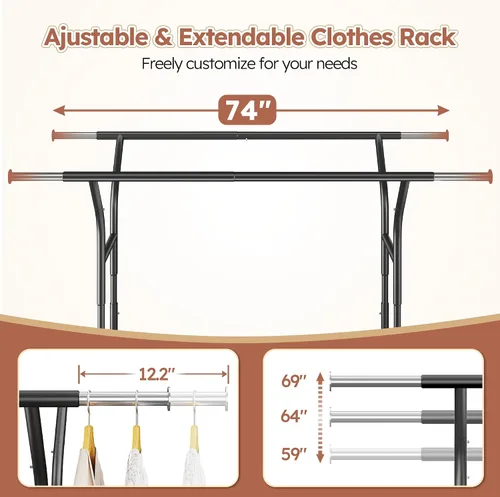 Vista 5 de Raybee Perchero de 74 pulgadas de ancho con carga de 630 libras, percheros para colgar ropa, perchero ajustable de alta resistencia, perchero