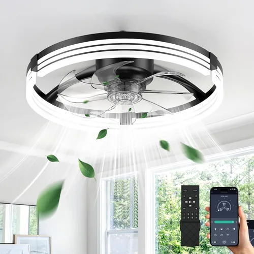 Vista 11 de Ventiladores de techo con luces y control remoto, ventilador de vidrio negro.
