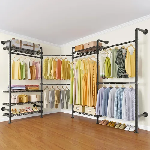 Vista 7 de Timate Perchero de ropa en forma de L L4 resistente para colgar ropa, perchero industrial expandible para ropa de tubería industrial montado