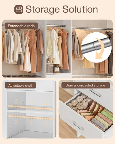 Vista 3 de Sistema de Closet con Cajón, Sistema de Organizadores de Closet de 5-8 Pies con 5 Barras Colgantes Ajustables y Estante para Zapatos, Organizadores