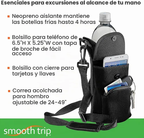 Vista 2 de Smooth Trip One Size Stretch Water Bottle Holder with Strap - Insulating Neoprene Bottle Holder for Walking with Storage and Phone Pocket, Fits up