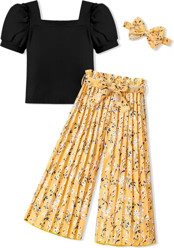 Vista 7 de DONWEN Conjunto de 3 piezas de ropa para niñas pequeñas y niñas con cuello cuadrado + pantalones elegantes + diadema para primavera y verano
