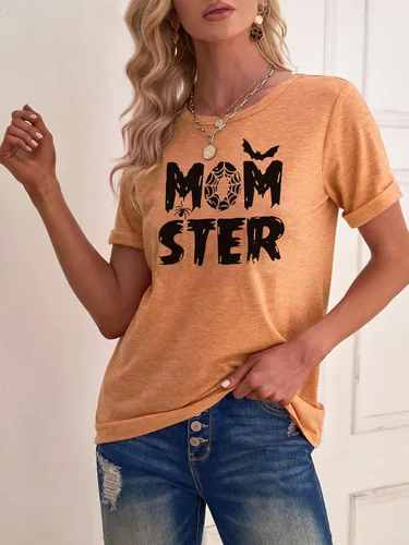 Vista 2 de Camiseta de Momster para mujer, divertida camiseta gráfica de murciélago araña para Halloween, casual, estampado de letras de mamá Ster, tops Hocus
