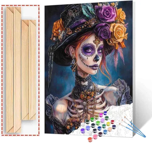 Vista 31 de Tucocoo Decoración del Día de los Muertos, pintura por números, esqueleto para parejas, pintura por números sobre lienzo con pinceles y pigmento