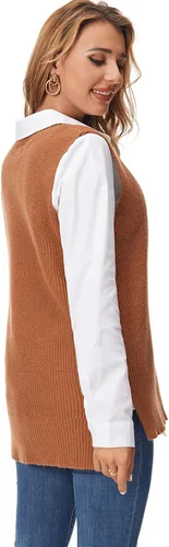 Vista 3 de Fuinloth Chaleco tipo suéter de gran tamaño para mujer, cuello en V, túnica de punto, sin mangas