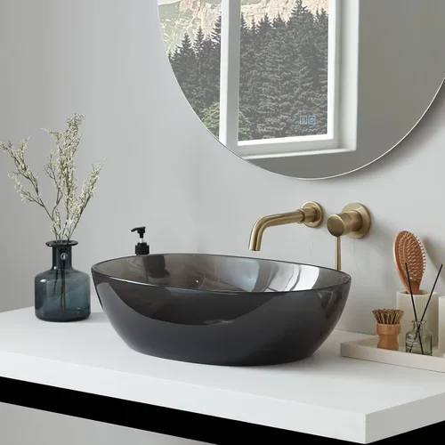 Vista 5 de Cpingao Fregadero ovalado translúcido de 23 x 15 pulgadas para gabinete, encimera de resina de piedra en forma de barco para lavabo con drenaje Negro