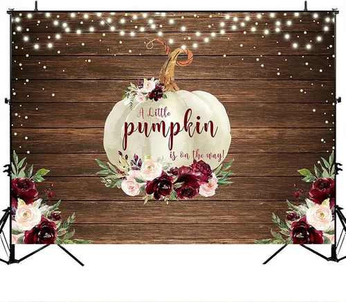 Vista 7 de Avezano Telón de fondo rústico de calabaza para baby shower, decoración de otoño con diseño floral de calabaza para baby shower, accesorios