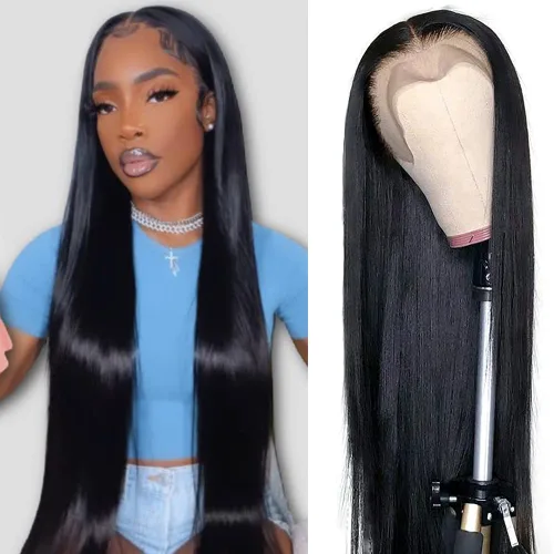 Vista 17 de Mengkai Pelucas de 28 pulgadas de encaje frontal liso de cabello humano, sin pegamento, prearrancadas con cabello de bebé, 13x4 de oreja a oreja