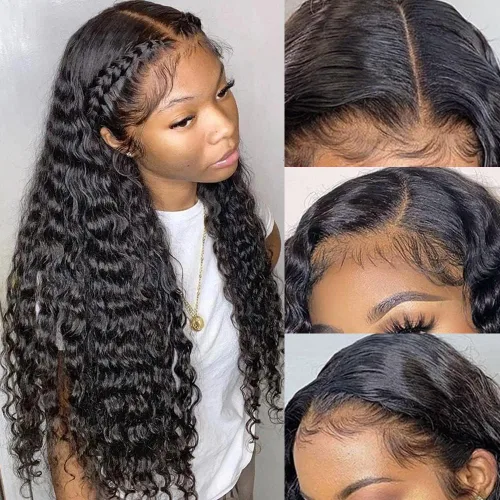 Vista 25 de Pizazz - Pelucas de cabello humano ondulado profundo con encaje frontal de 13 x 4, nudos blanqueados previamente despuntados Pelucas de cabello