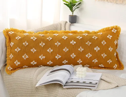 Vista 13 de Funda de almohada lumbar larga bohemia de 12 x 36 pulgadas con flecos de borlas, funda de almohada lumbar extra decorativa con patrón de flores 3D