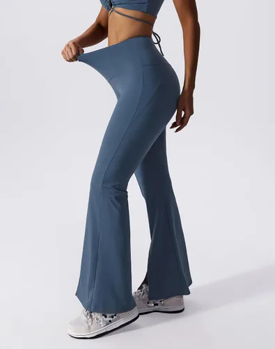Vista 6 de ABOCIW Conjuntos de entrenamiento para mujer, 2 piezas, leggings acampanados de cintura alta, dobladillo con abertura, cuello en V, brasier