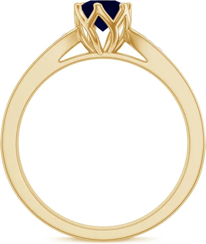 Vista 7 de Anillo de compromiso con solitario mínimo de zafiro azul, redondo de 0.197 in, calidad AAA, joyería inspirada en flores para mujer