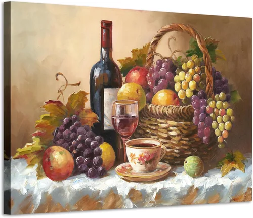 Vista 11 de ARTISTIC PATH Arte de Pared en Lienzo de Comida Retro - Cuadro Vintage de Frutas Burdeos Colorido Melocotón Uva Pintura Antigua Impresiones de Arte