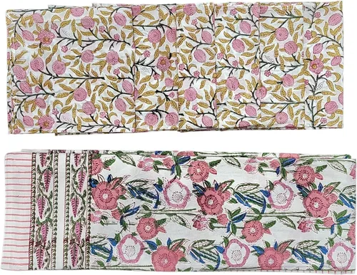 Vista 3 de Mango Gifts Mantel indio con estampado a mano, 100% algodón, floral, multicolor, con 6 servilletas