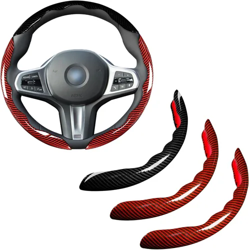 Vista 7 de Juego de fundas para volante de automóvil, funda de fibra de carbono brillante, antideslizante, 3 piezas, accesorios para volante de 14.5-15 negro