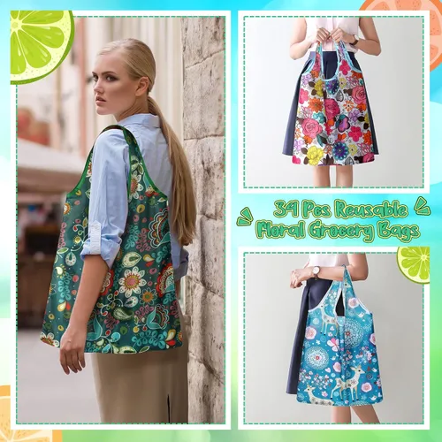 Vista 2 de Shappy 34 bolsas de comestibles reutilizables con diseño floral, bolsas plegables de nailon lavables, bolsas de compras extragrandes lindas