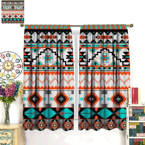 Vista 83 de Cortinas con patrón geométrico tribal, estilo suroeste, azteca, rústico, occidental, nativo americano, opacas, con bolsillo para barra, decoración