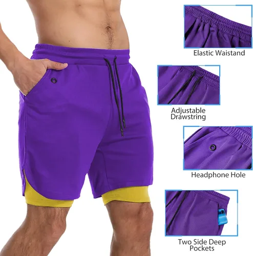 Vista 3 de FLYEVEA Mens 2 in 1 Workout Running Shorts Athletic Yoga Gym 7" Short Clothes with Side Pockets