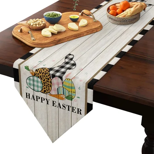 Vista 2 de Z&L Home Camino de mesa de conejo de búfalo de Pascua de algodón y lino, huevos de abril, bufandas de tocador, tablero de madera retro para cena
