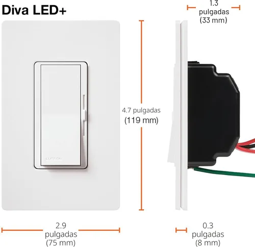 Vista 10 de Lutron Diva LED+ Interruptor de atenuación, atenuador de paleta, un solo polo/3 vías Almendra