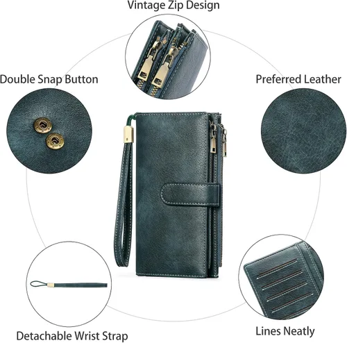 Vista 7 de GOIACII Cartera de mujer con bloqueo RFID triple pliegue cartera de mano larga para mujer cartera de cuero vegano con bolsillo para monedas A02-azul