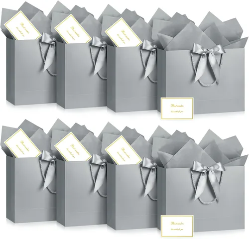 Vista 15 de JMANNI 12 bolsas de regalo de papel de boda con asa, bolsas medianas de regalo de agradecimiento de 13 pulgadas con lazo de cinta, regalos
