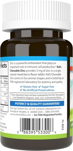 Vista 3 de Carlson - Zinc masticable para niños, 5 mg, apoyo inmunológico, poder antioxidante, sabor natural de bayas mixtas, 42 tabletas