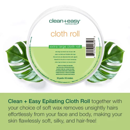 Vista 2 de Clean + Easy Rollo de tiras de cera de tela extra grandes, rollo de depilación no tejido para depilación, tiras de cera de muselina para cuerpo