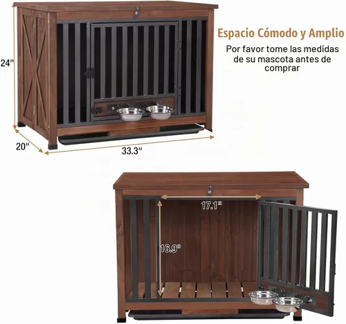 Vista 5 de Mueble de jaula para perros plegable, mesa de madera para perros con cuencos removibles giratorios de 360° y bandeja, perrera moderna para perros