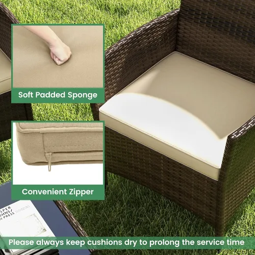 Vista 5 de RELAX4LIFE Juego de muebles de patio de 4 piezas – Juego de muebles de ratán para conversación al aire libre con cojines, mesa de centro de cristal