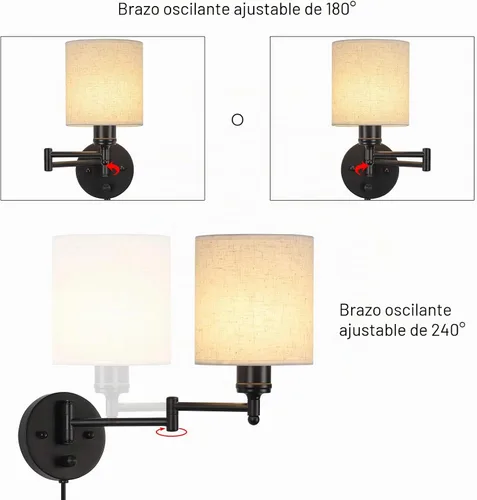 Vista 7 de CADUKE Juego de 2 apliques de pared enchufables, lámparas de pared con brazo oscilante Moderno, Accesorios de iluminación de pared para Lino