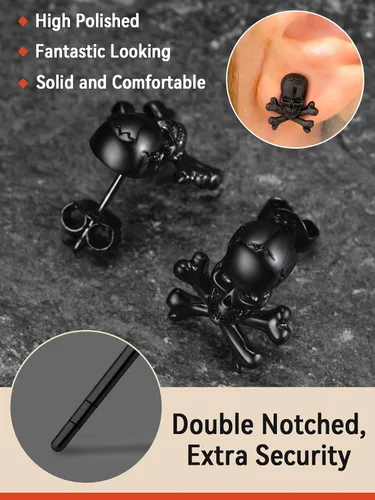 Vista 3 de FaithHeart Skull Hoop Earrings for Men SilverBlackGold Stainless Steel Huggie Hoop Earrings Lightweight Hypoallergenic Earrings for Sensitive Ears