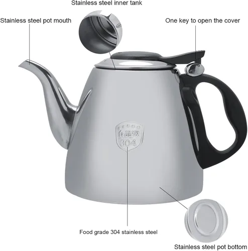 Vista 5 de Tetera de estufa de acero inoxidable de 1.2 l y 1.5 L, tetera para té, cafetera, hervidor de agua, mango resistente al calor (1.2L)